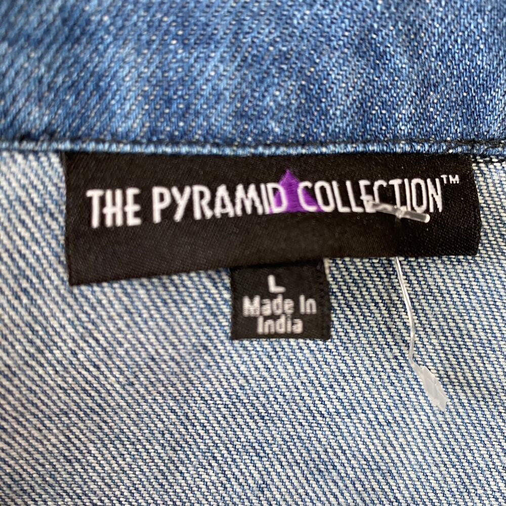 The Pyramid Collection Boho Western Denim Jacket Women L Rainbow Tassel NEW - Picture 9 of 10